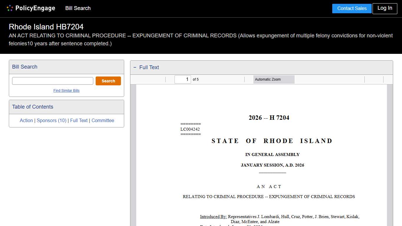 HB7204 Rhode Island 2026 AN ACT RELATING TO CRIMINAL PROCEDURE -- EXPUNGEMENT OF CRIMINAL RECORDS (Allows expungement of multiple felony convictions for non-violent felonies10 years after sentence completed.) - Legislative Tracking PolicyEngage
