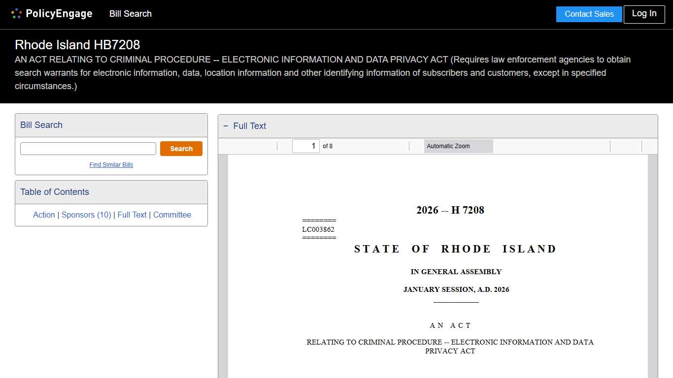 HB7208 Rhode Island 2026 AN ACT RELATING TO CRIMINAL PROCEDURE -- ELECTRONIC INFORMATION AND DATA PRIVACY ACT (Requires law enforcement agencies to obtain search warrants for electronic information, data, location information and other identifying information of subscribers and customers, except in specified circumstances.) - Legislative Tracking PolicyEngage
